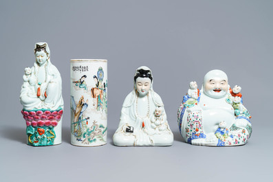 Three Chinese famille rose figures and a qianjiang cai hat stand, 19/20th C.
