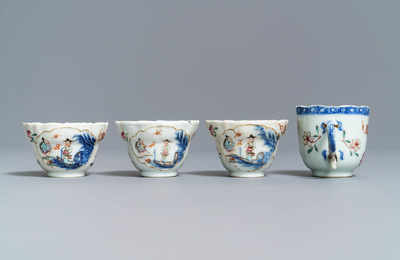 Vier Chinese famille rose koppen, drie schotels en een bord, Qianlong