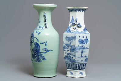 Two Chinese blue and white and celadon-ground vases, 19th C.