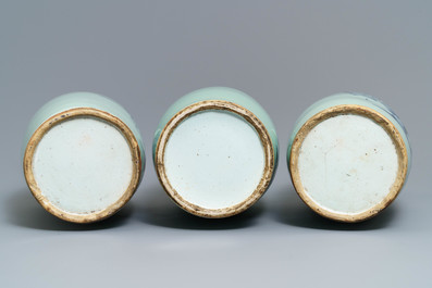 Three Chinese blue and white celadon-ground vases, 19th C.