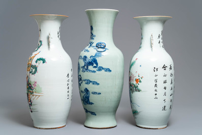 Twee Chinese famille rose vazen en een blauw-witte celadon vaas, 19/20e eeuw