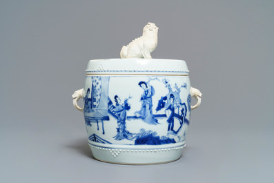A Chinese blue and white covered bowl with ladies in a garden, Kangxi