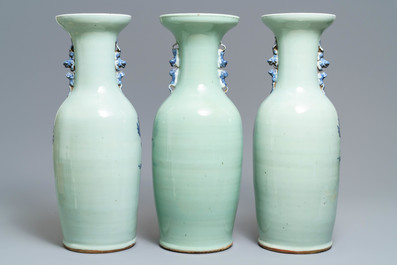 Three Chinese blue and white celadon-ground vases, 19th C.