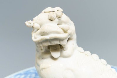 A Chinese blue and white covered bowl with ladies in a garden, Kangxi