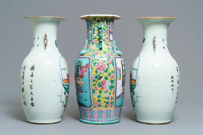 Trois vases en porcelaine de Chine famille rose, 19/20&egrave;me