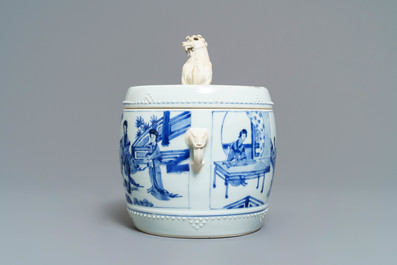 A Chinese blue and white covered bowl with ladies in a garden, Kangxi