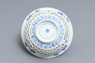 A Chinese blue and white reticulated double-walled bowl, Kangxi