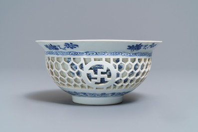 A Chinese blue and white reticulated double-walled bowl, Kangxi
