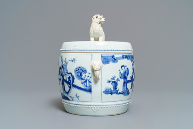 A Chinese blue and white covered bowl with ladies in a garden, Kangxi