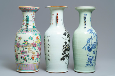 Three Chinese blue and white, famille rose and qianjiang cai vases, 19th C.