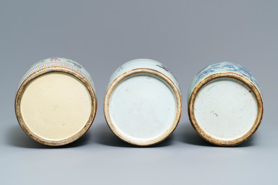 Three Chinese blue and white, famille rose and qianjiang cai vases, 19th C.
