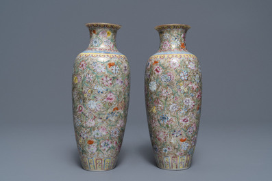 A pair of Chinese famille rose 'millefleurs' eggshell vases, Qianlong mark, Republic, 20th C.