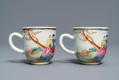 A pair of fine Chinese famille rose 'European subject' cups and saucers, Qianlong