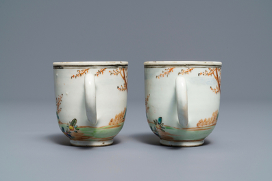 A pair of fine Chinese famille rose 'European subject' cups and saucers, Qianlong