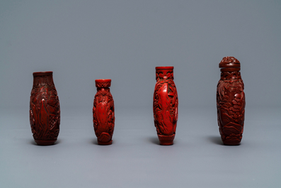 Four Chinese cinnabar lacquer snuff bottles, 19/20th C.