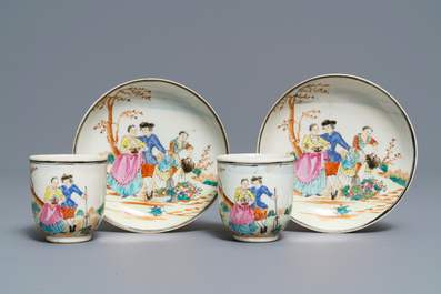 A pair of fine Chinese famille rose 'European subject' cups and saucers, Qianlong