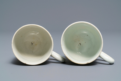 A pair of fine Chinese famille rose 'European subject' cups and saucers, Qianlong