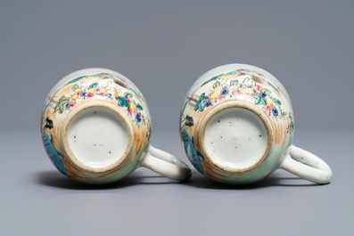 A pair of fine Chinese famille rose 'European subject' cups and saucers, Qianlong