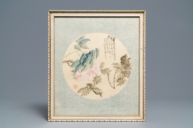 Chinese school, 18/19th C., watercolour and ink on silk: two floral fan leaves