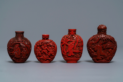Four Chinese cinnabar lacquer snuff bottles, 19/20th C.