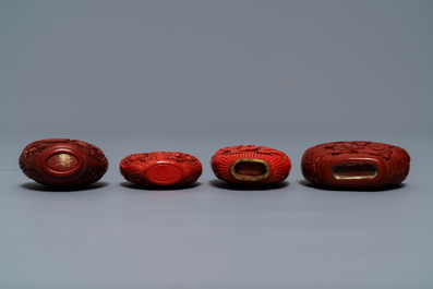 Four Chinese cinnabar lacquer snuff bottles, 19/20th C.