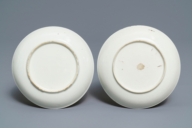 A pair of fine Chinese famille rose 'European subject' cups and saucers, Qianlong
