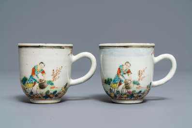 A pair of fine Chinese famille rose 'European subject' cups and saucers, Qianlong