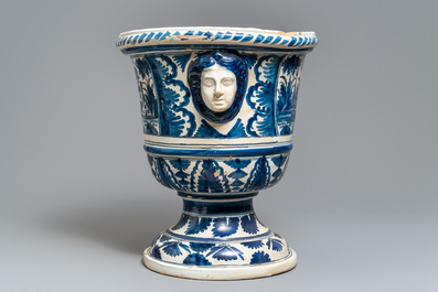 A large blue and white French faience garden urn, Nevers, 18th C.
