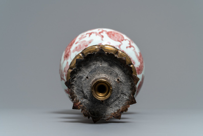 A Chinese underglaze red bottle-shaped 'dragon' vase with gilt-bronze mounts, 18/19th C.
