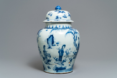 A Chinese blue and white vase with figures in a garden, Kangxi