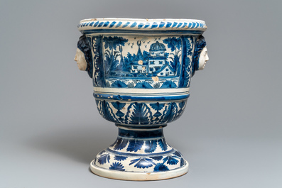 A large blue and white French faience garden urn, Nevers, 18th C.