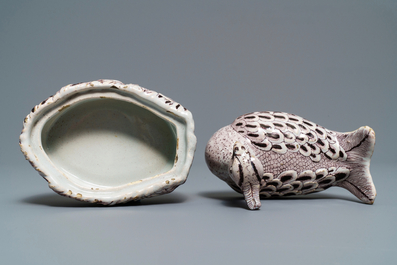 A Dutch Delft manganese 'plover' butter tub and cover, 18th C.