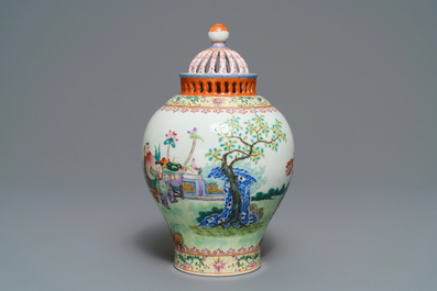 A reticulated Chinese famille rose 'Playing boys' vase, Jiaqing mark, Republic