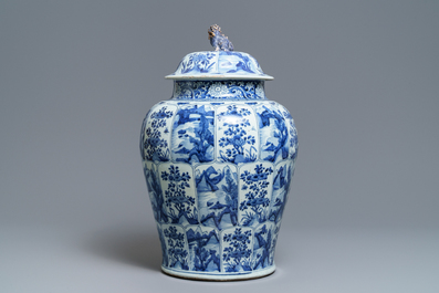 A large Chinese blue and white 'landscape' vase and cover, Kangxi