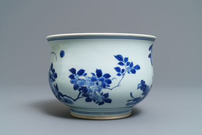 A large Chinese blue and white censer with birds among blossoms, Transitional period