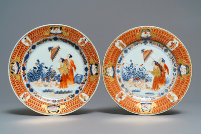 Zes Chinese Imari-stijl borden naar Cornelis Pronk, 'De parasoldames', Qianlong, ca. 1736-1738