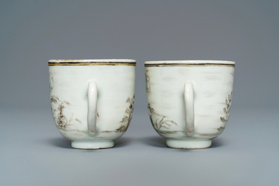 Cinq tasses et soucoupes et une th&eacute;i&egrave;re en porcelaine de Chine famille rose et grisaille, Yongzheng/Qianlong