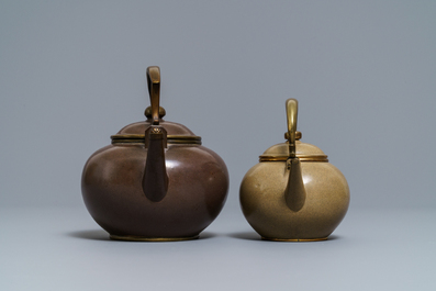 Two Chinese Bencharong Thai market polished Yixing stoneware teapots, 19th C.