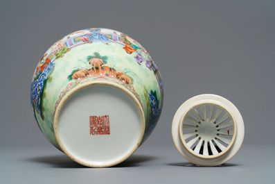 A reticulated Chinese famille rose 'Playing boys' vase, Jiaqing mark, Republic