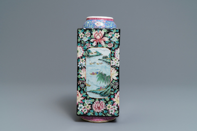 A Chinese famille rose millefleurs 'cong' vase, Qianlong mark, Republic, 20th C.