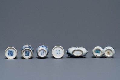Six Chinese blue and white porcelain snuff bottles, 19/20th C.