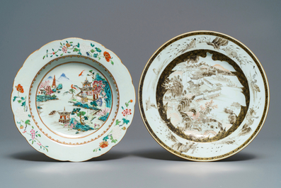 Six various Chinese famille rose, verte and grisaille plates, Yongzheng/Qianlong