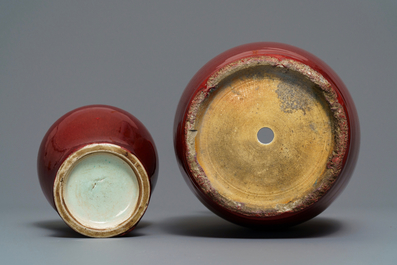 Two Chinese monochrome sang-de-boeuf and flamb&eacute; vases, 18/19th C.