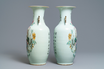 Een paar Chinese famille rose vazen met decor van Magu, 19/20e eeuw