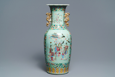 Een Chinese qianjiang cai en famille rose celadon vaas, 19e eeuw