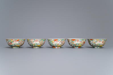 Five Chinese famille rose 'millefleurs' bowls, Qianlong mark, Republic, 20th C.
