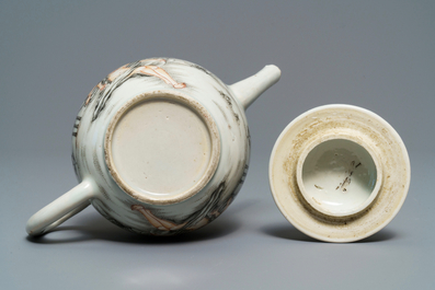 Cinq tasses et soucoupes et une th&eacute;i&egrave;re en porcelaine de Chine famille rose et grisaille, Yongzheng/Qianlong