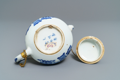 A Chinese blue and white gilt brass-mounted teapot, Jiajing mark, Kangxi