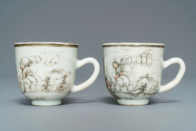 Cinq tasses et soucoupes et une th&eacute;i&egrave;re en porcelaine de Chine famille rose et grisaille, Yongzheng/Qianlong