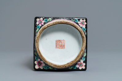 A Chinese famille rose millefleurs 'cong' vase, Qianlong mark, Republic, 20th C.